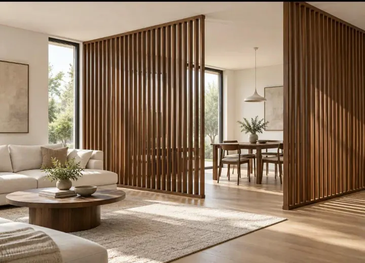 Celosía de lamas de madera entre salón y comedor