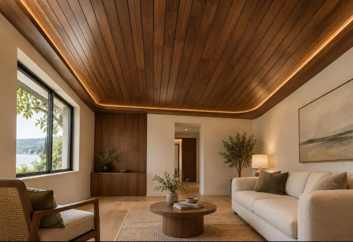 Techo revestido de madera con luz perimetral