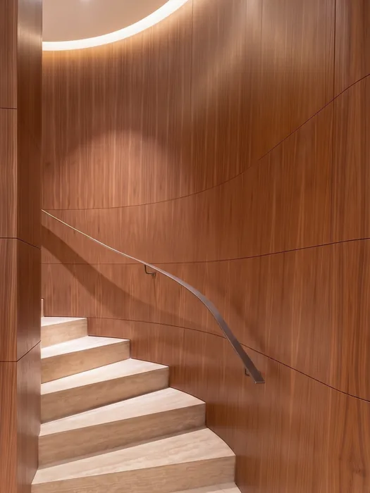 Escalera helicoidal con un muro curvo de nogal
